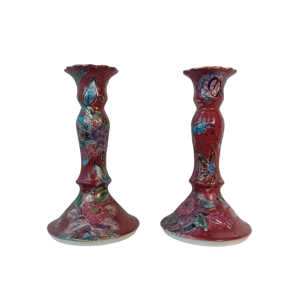 2 Vintage Mid Century Modern Asian Ceramic Floral Candle Stick Holder Home Decor